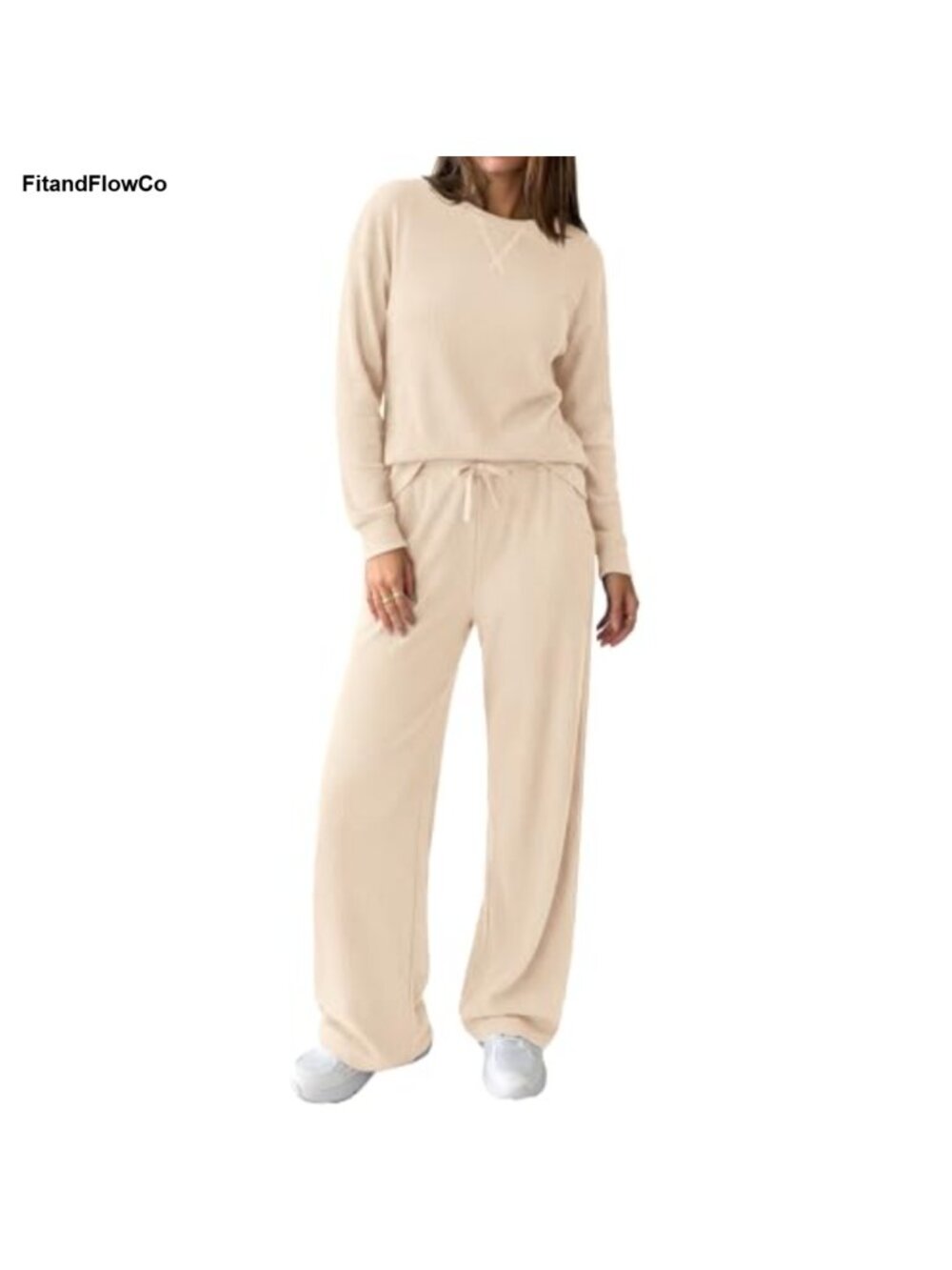 Ribbed Knit Two Piece Lounge Set Long Sleeve Top Wide Leg Pants Travel Outfit